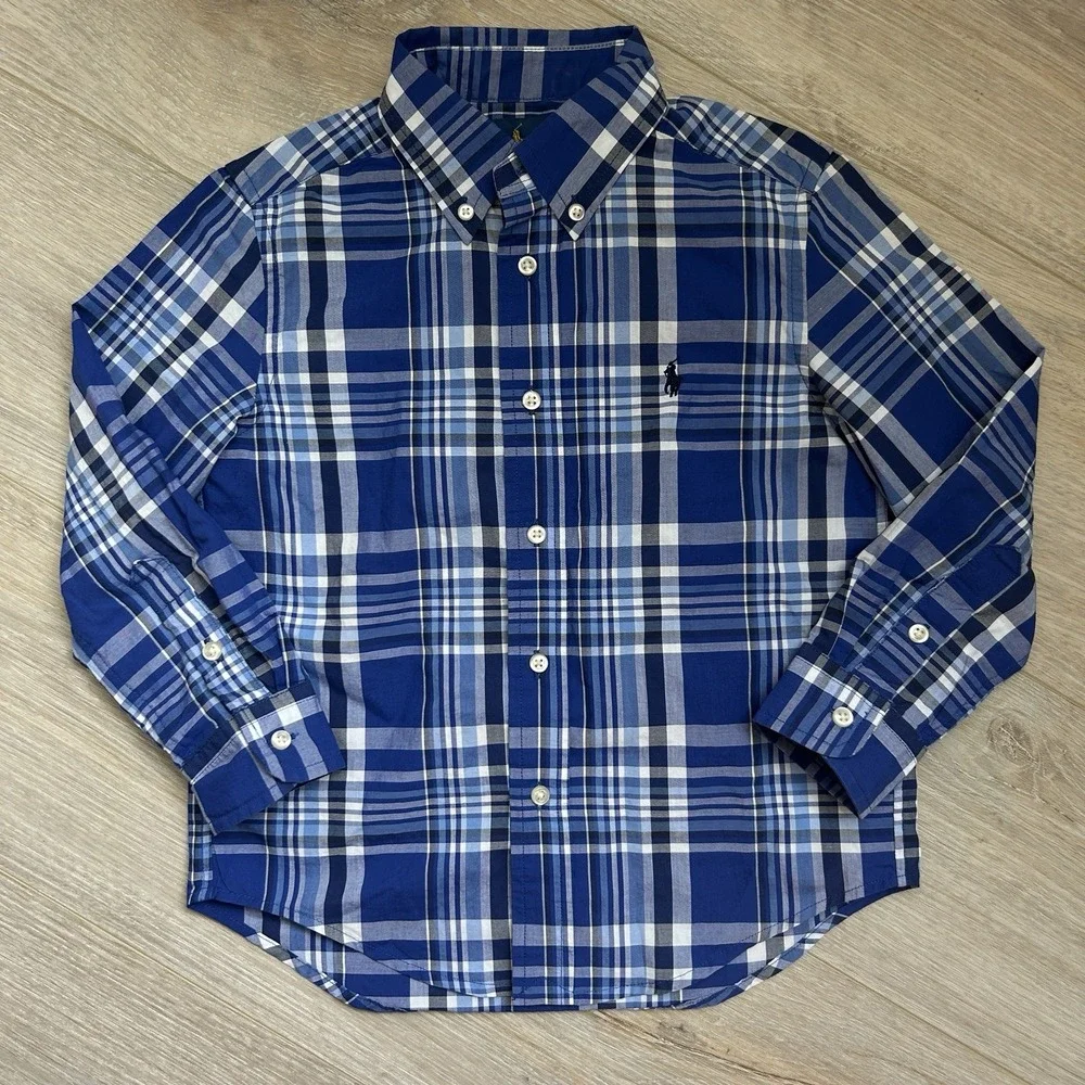 Ralph Lauren Polo Blue Black White Plaid Dress Button Down‎ L/S Shirt Boys Sz 4